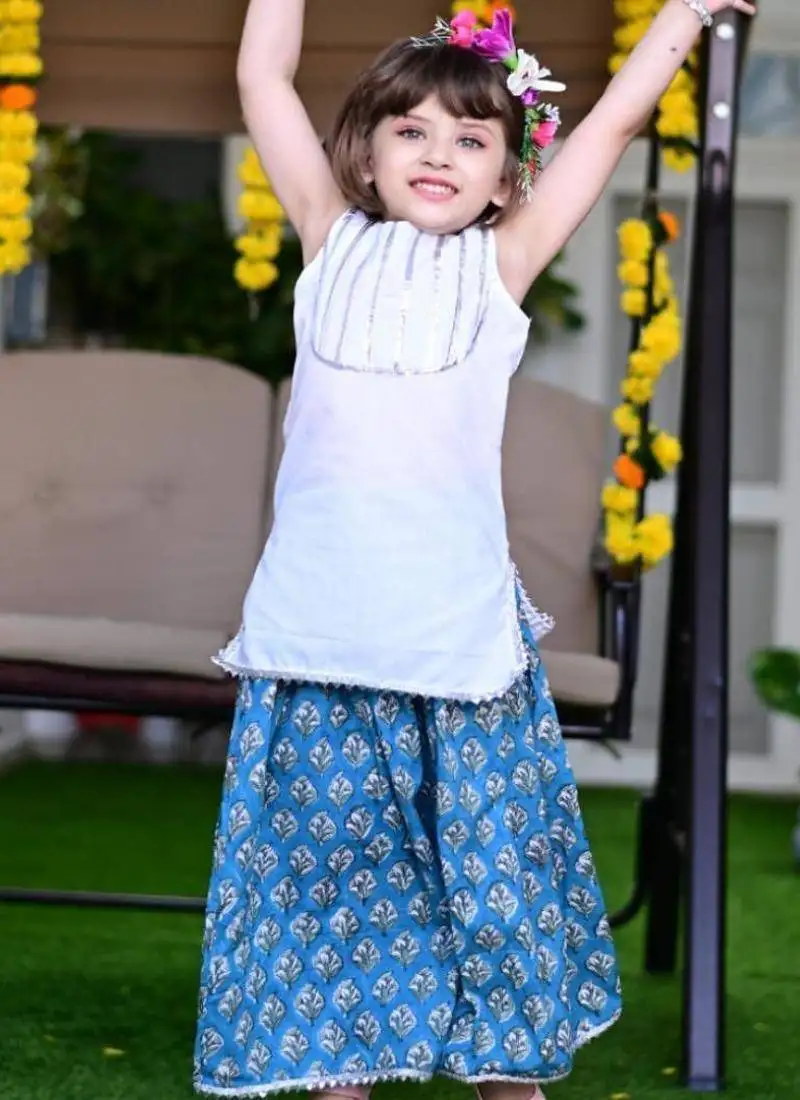 Blue white block printed cotton lehenga & sleeveless gota top set for girls