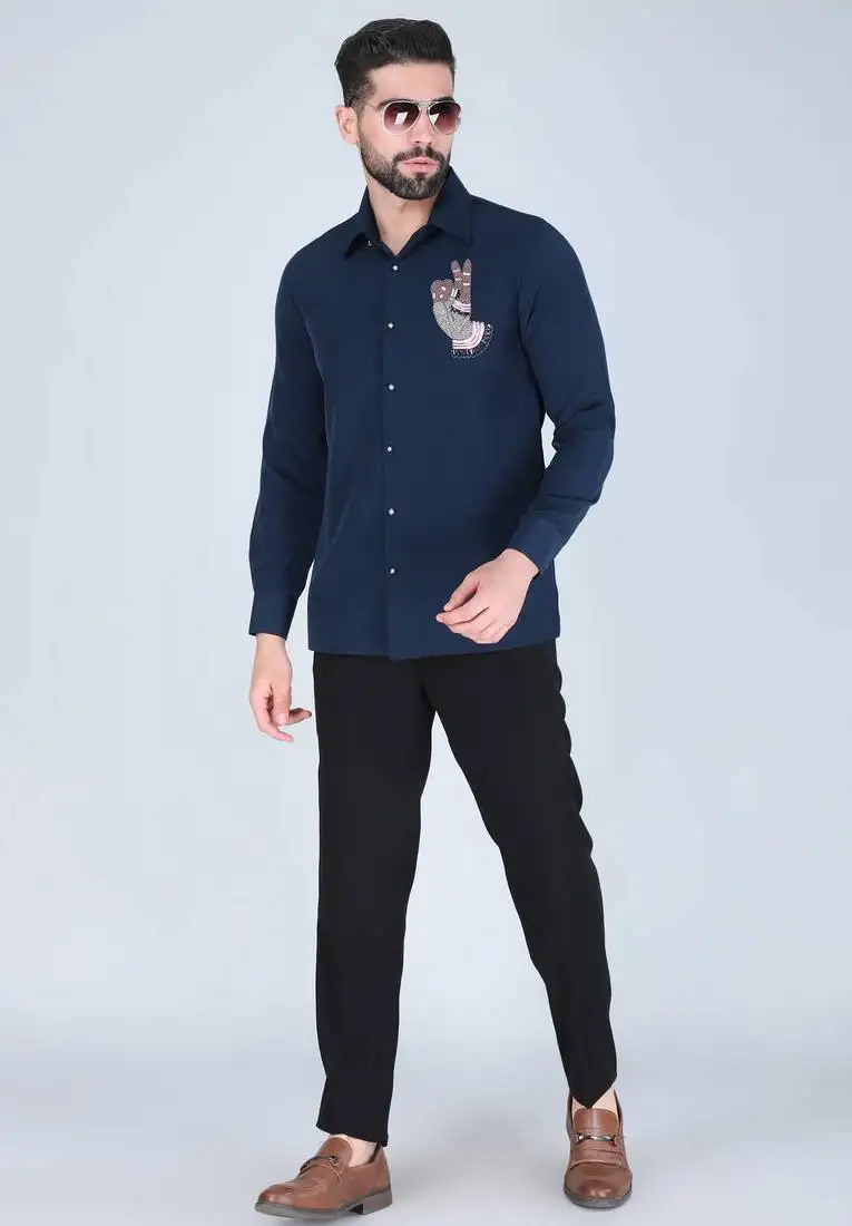 Navy blue hand embroidered long sleeve shirt for men