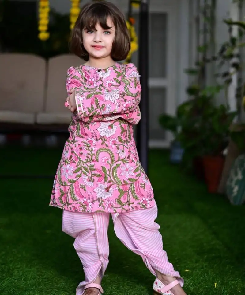Ice-cream pink cotton block printed traditional dhoti kurta set with gota highlights for girls