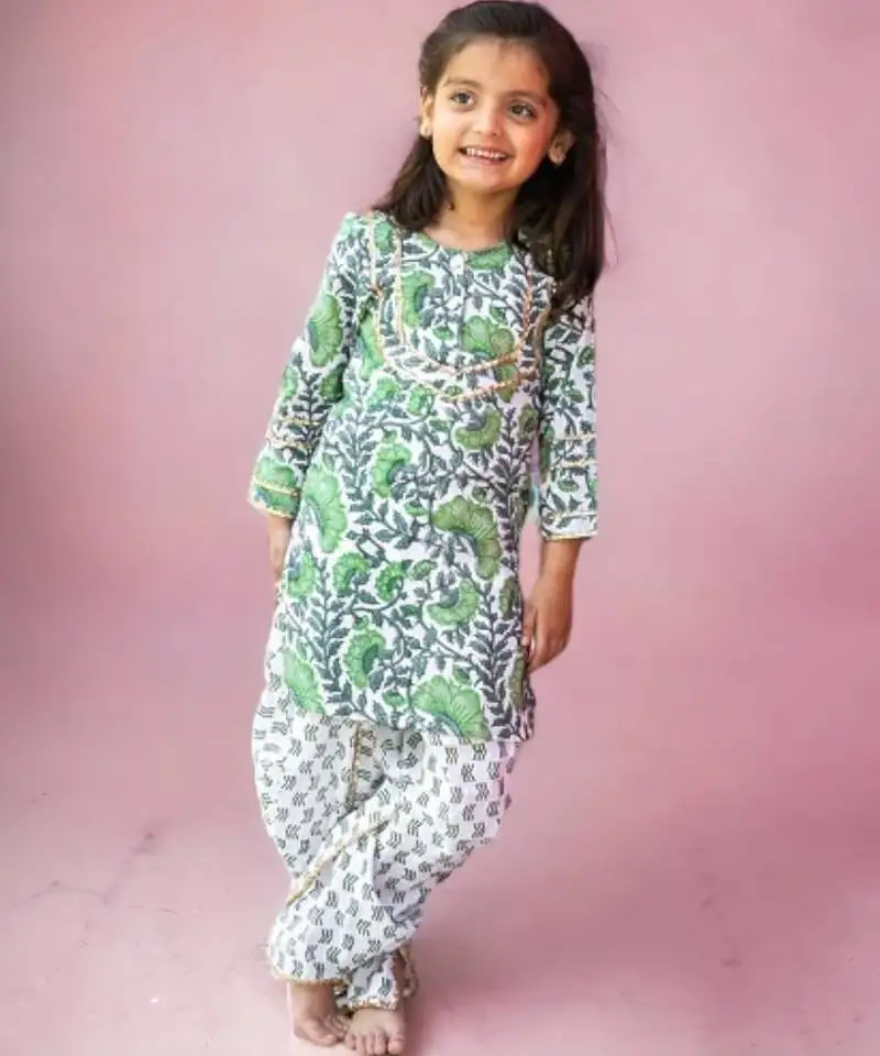 Two piece cotton block print green white dhoti kurta set for girls