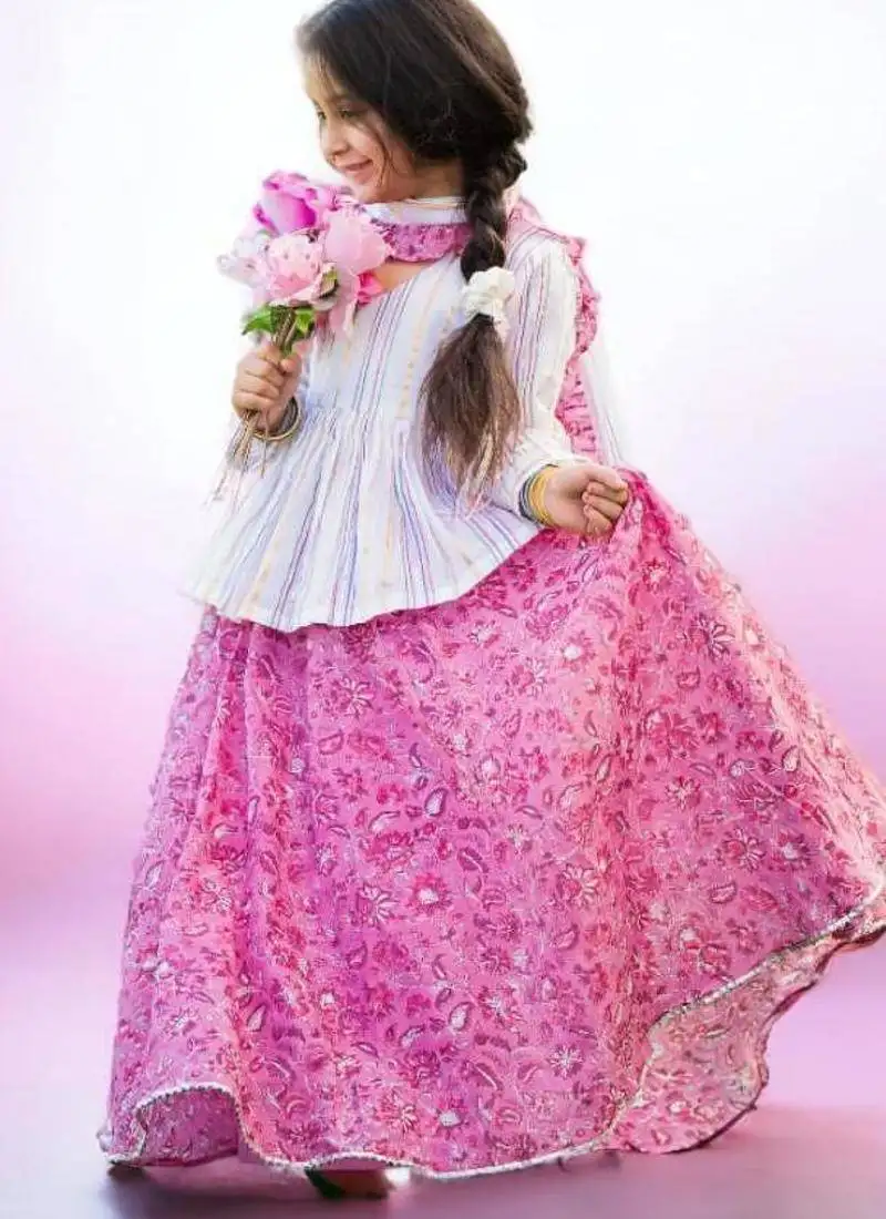 Three piece cotton block print pink and white floral lehenga peplum top dupatta set