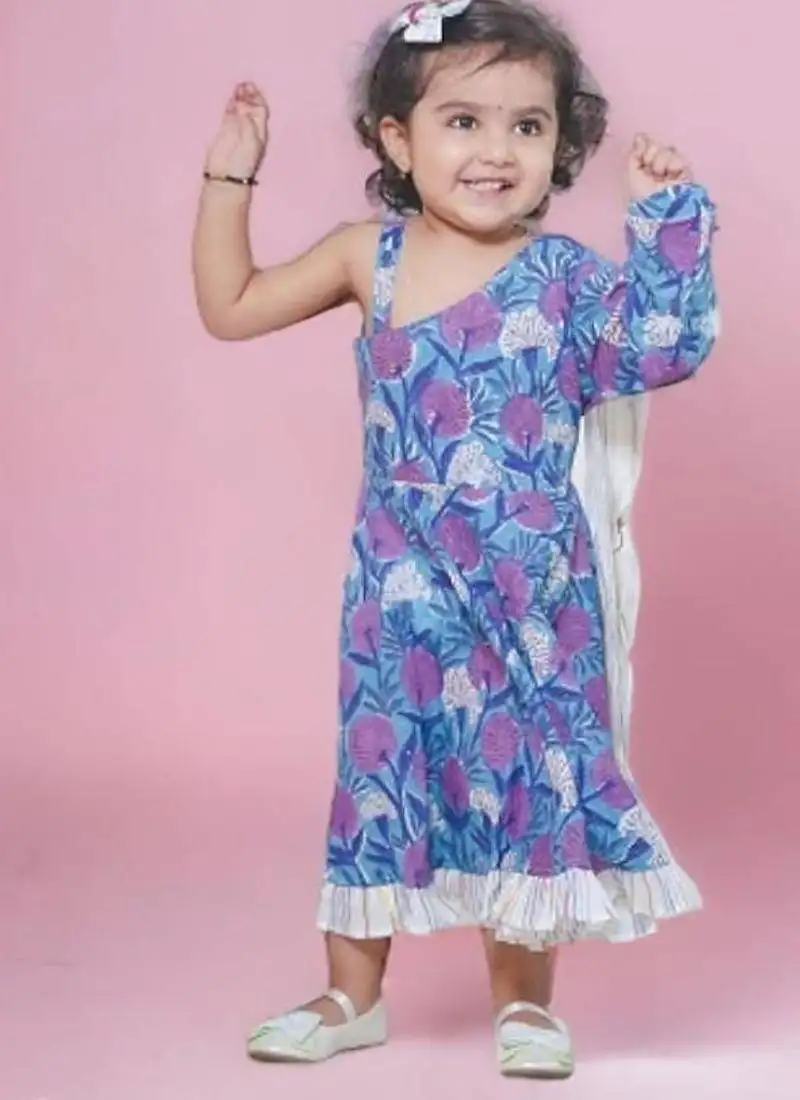 Blue cotton block print one shoulder sleeveless long indo-western dress with a white drape for girls
