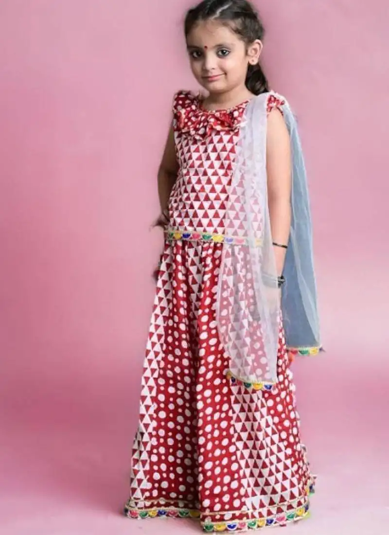 Three piece cotton block print red and white traditional lehenga::Chaniya choli dupatta set for girls