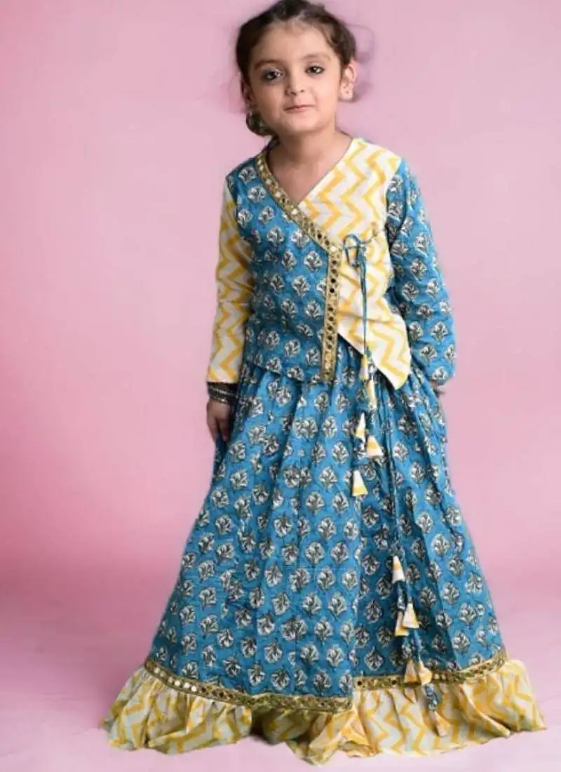 Two piece blue yellow cotton block printed lehenga choli set with frills and tassels for girls