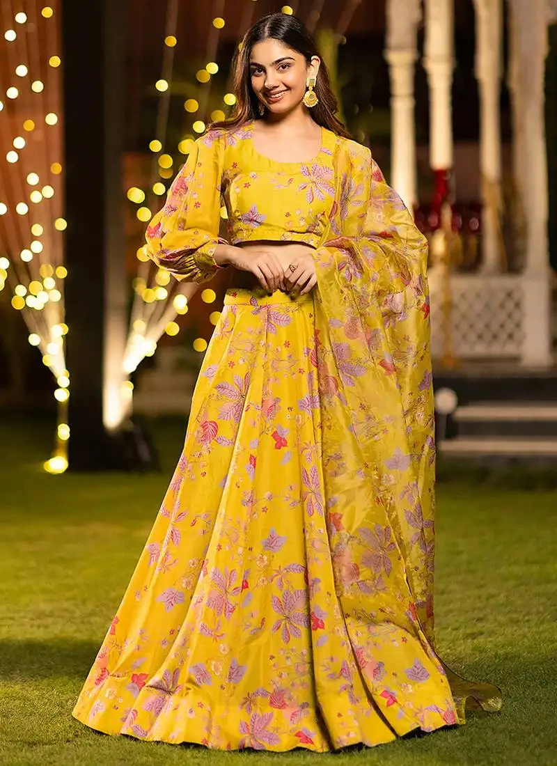 Yellow digital print silk lehenga