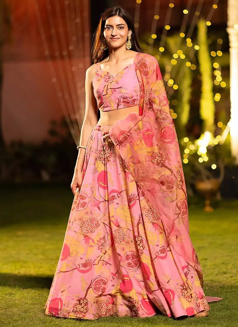 Peach digital print silk lehenga