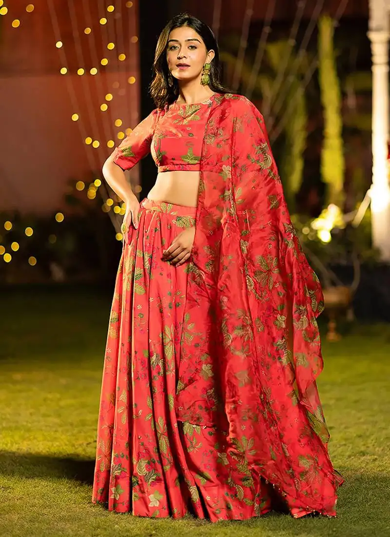 Red digital print silk lehenga