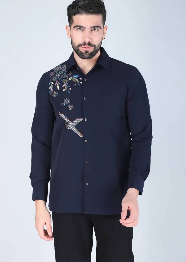 Blue hand embroidered long sleeve shirt for men