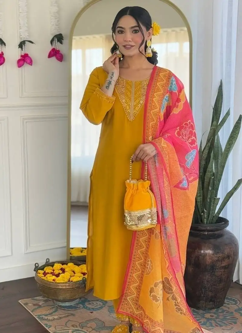 yellow embroidered stitched chanderi silk pant style kurti suit with duppatta