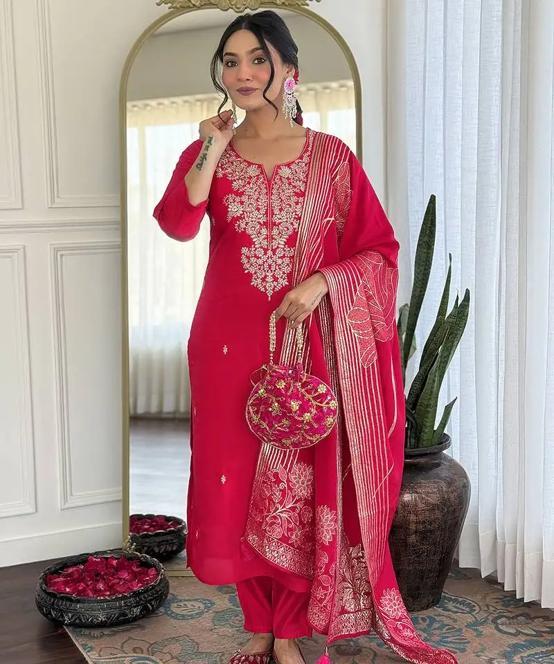 pink embroidered stitched roman silk pant style kurti suit with duppatta