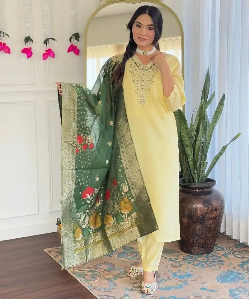yellow embroidered stitched chanderi pant style kurti suit with duppatta