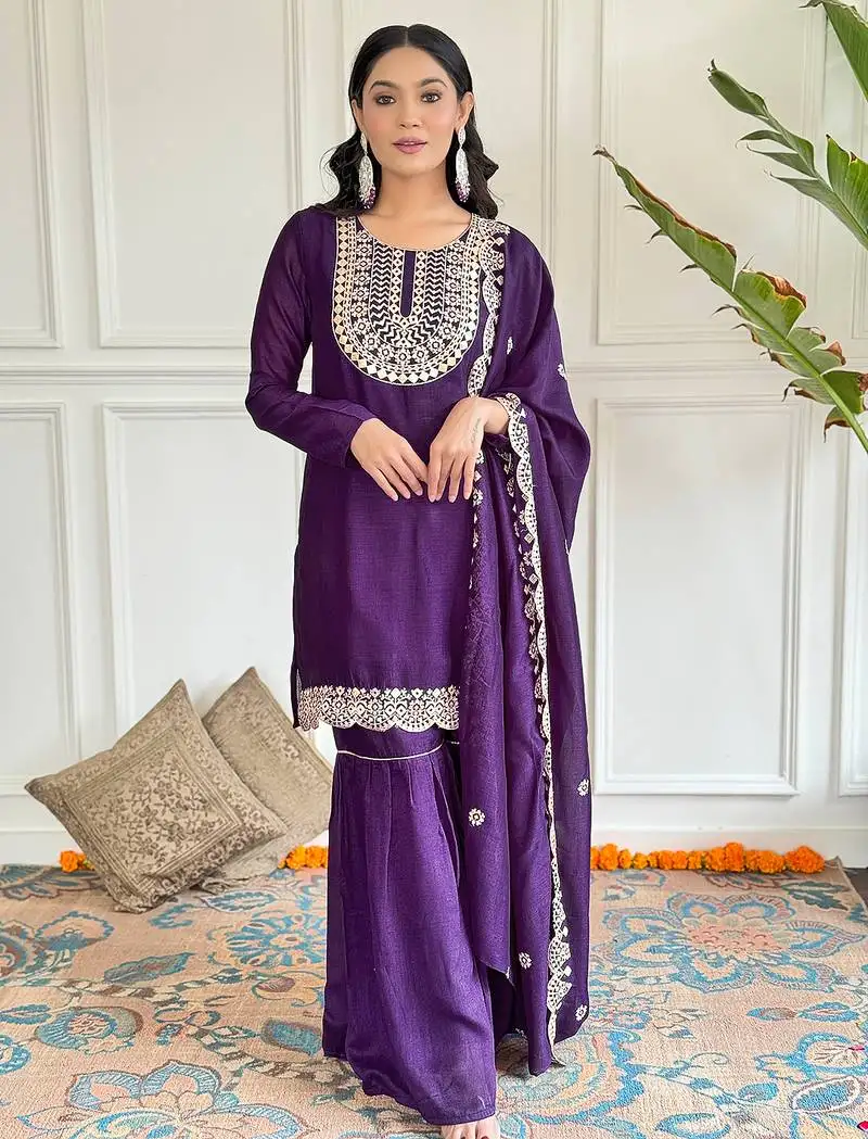 wine embroidered stitched vichitra silk palazzo style kurti suit with duppatta