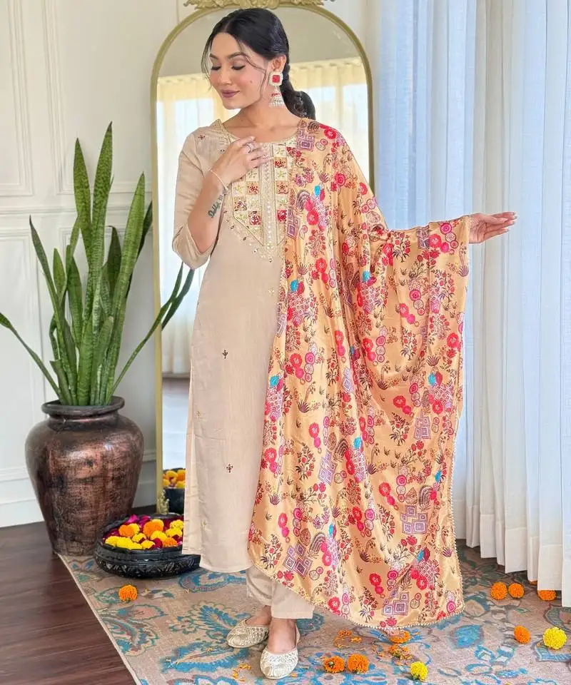 beige embroidered stitched rayon pant style kurti suit with duppatta