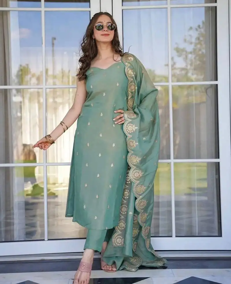 sky embroidered stitched chanderi pant style kurti suit with duppatta