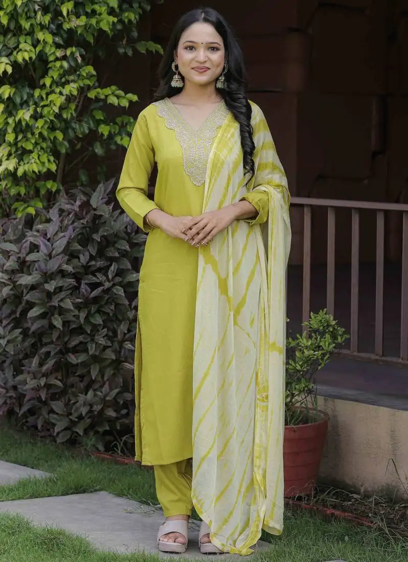 green embroidered stitched viscose pant style kurti suit with duppatta