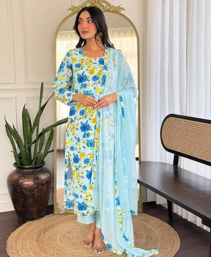 sky embroidered stitched georgette pant style kurti suit with duppatta