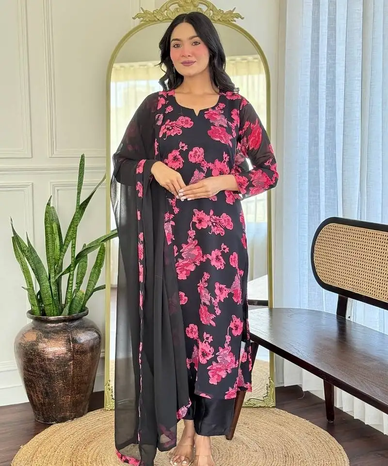 black embroidered stitched georgette pant style kurti suit with duppatta