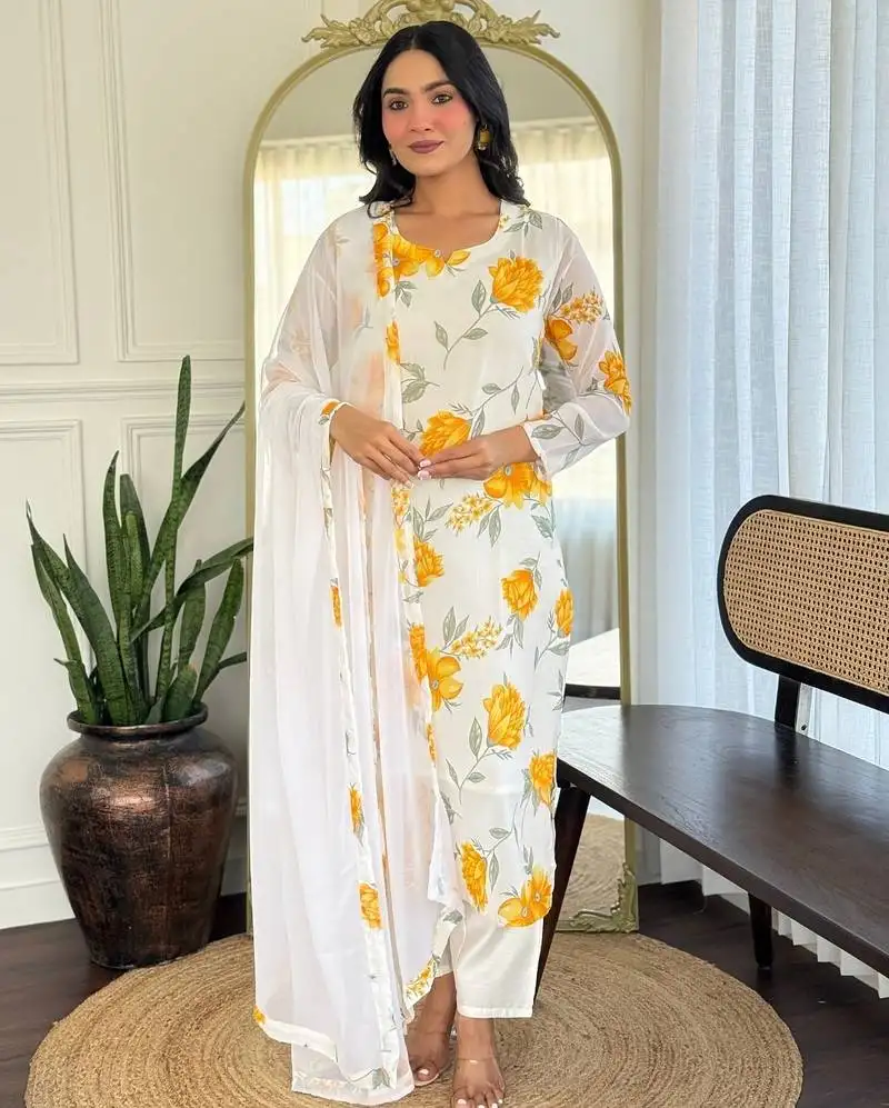 white embroidered stitched georgette pant style kurti suit with duppatta