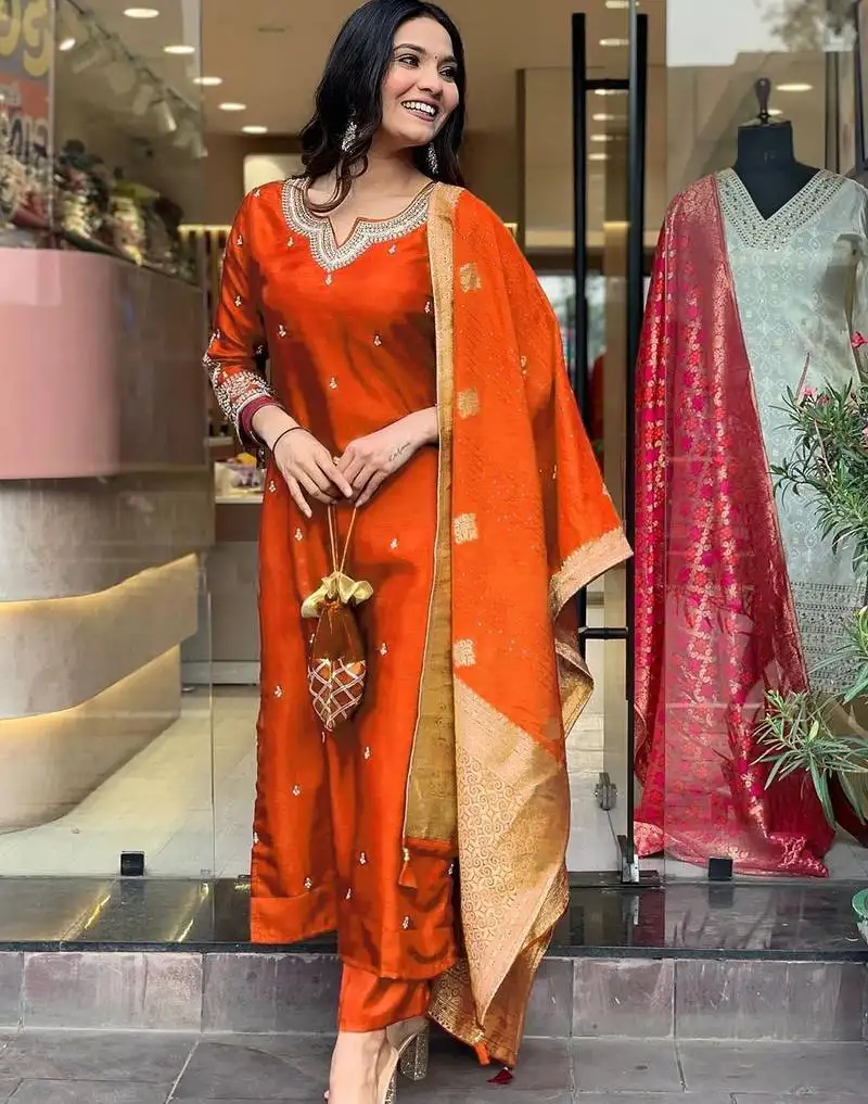 orange embroidered stitched chanderi pant style kurti suit with duppatta