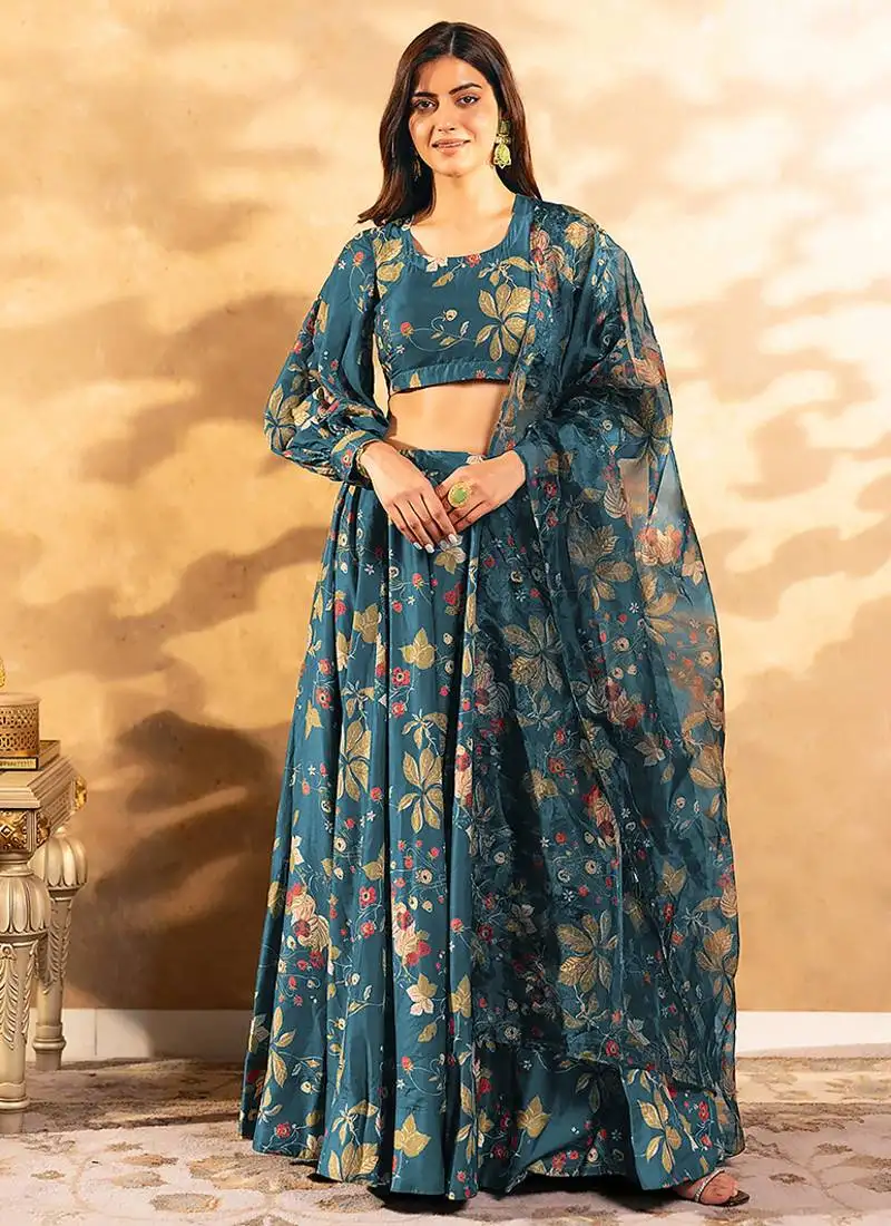 Teal blue digital print silk lehenga