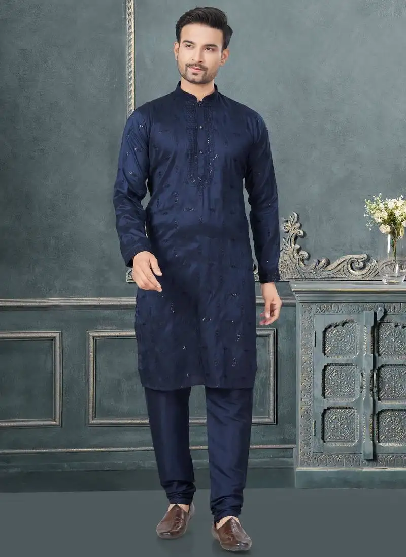 Navy pure silk with embroidery and sequence work kurta pyjama for mens wear