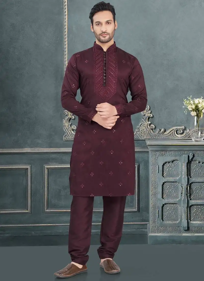 Maroon pure silk with embroidery and sequence work kurta pyjama for mens wear