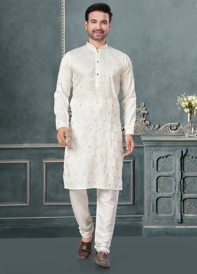 White pure silk with embroidery and sequence work kurta pyjama for mens wear