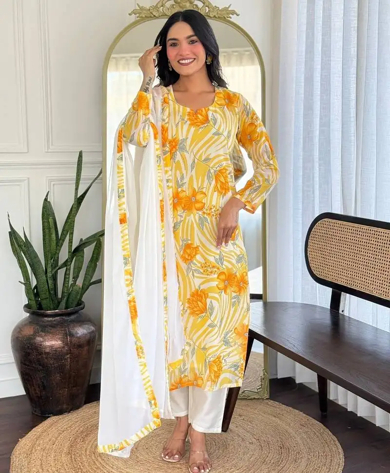 yellow embroidered stitched georgette pant style kurti suit with duppatta