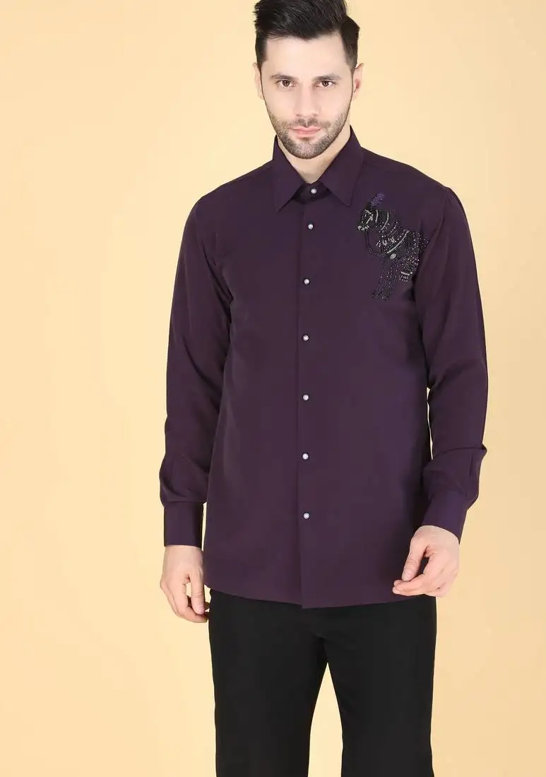 Purple hand embroidered long sleeve shirt for men