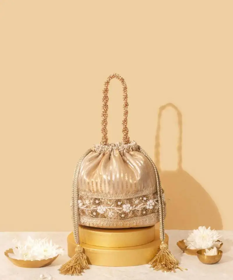 Gold satin embroidered potli bag