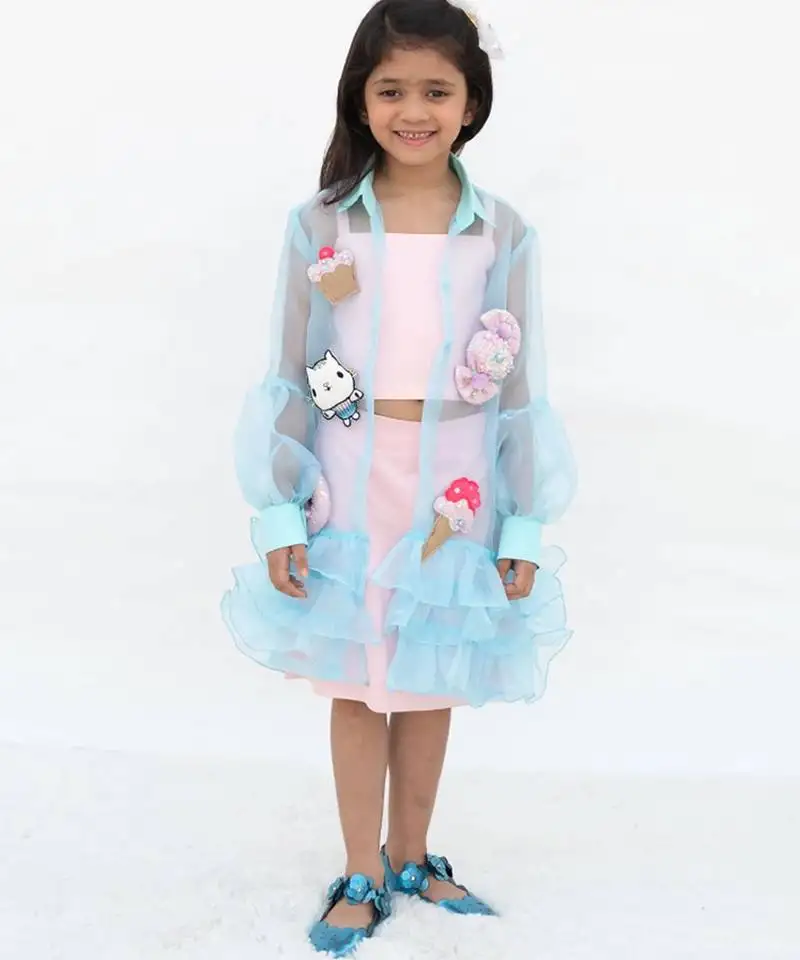 Pink plain cotton silk co ord set with blue jacket