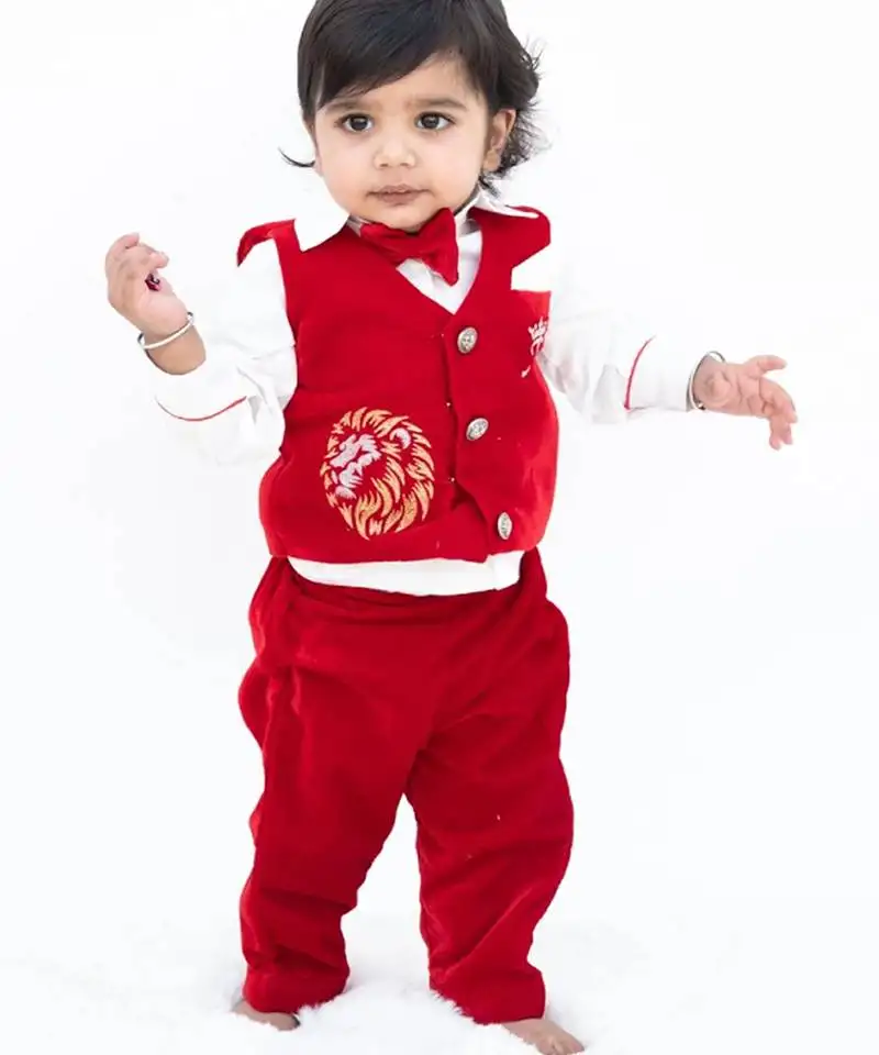 Red plain velvet waist coat set