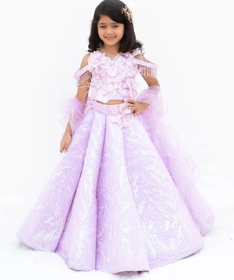 Purple net embroidered lehenga for girls