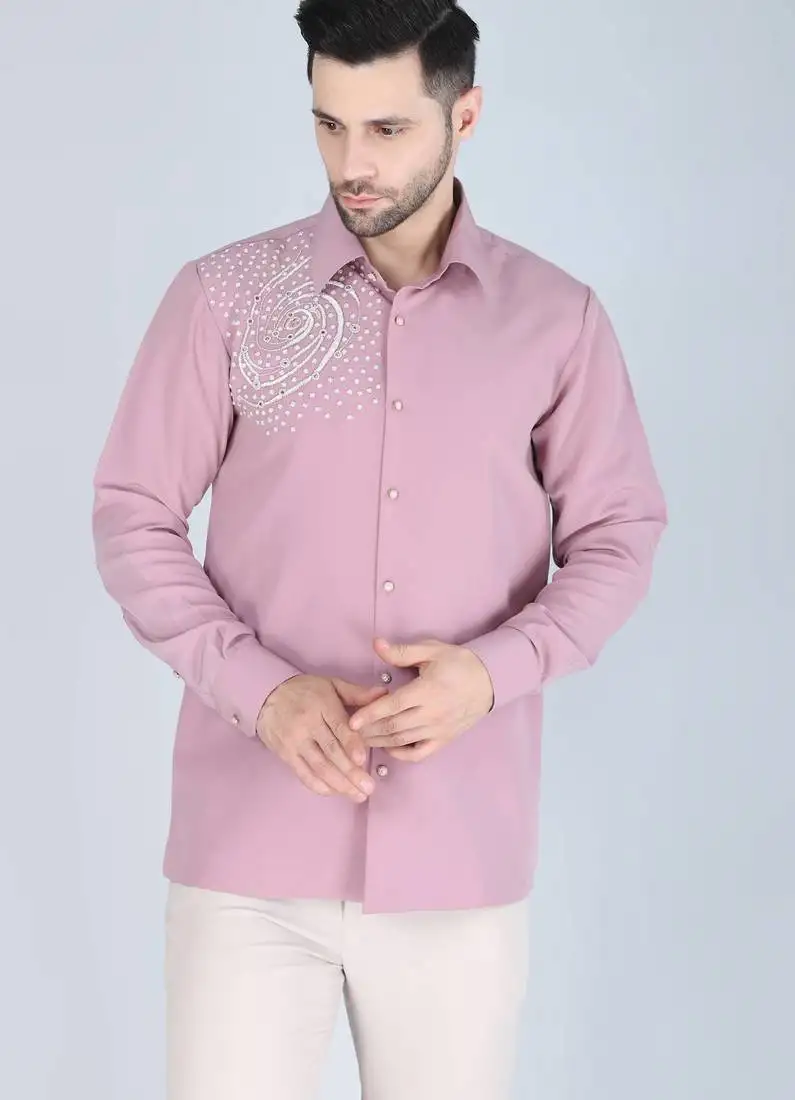 Pink hand embroidered long sleeve shirt for men