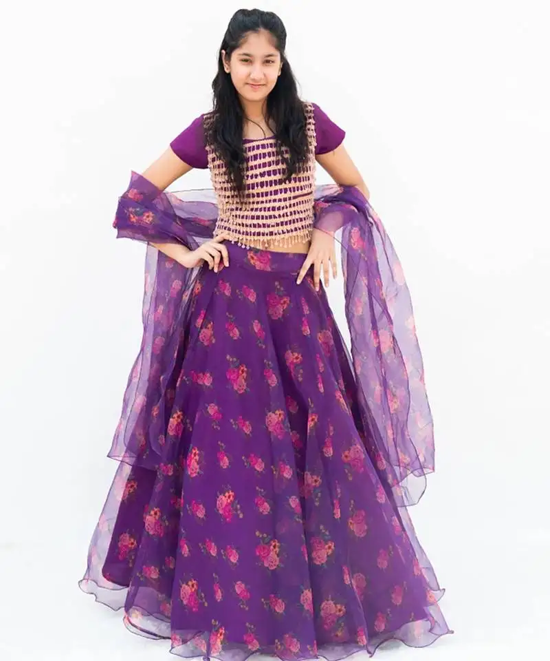 Purple organza printed lehenga for girls