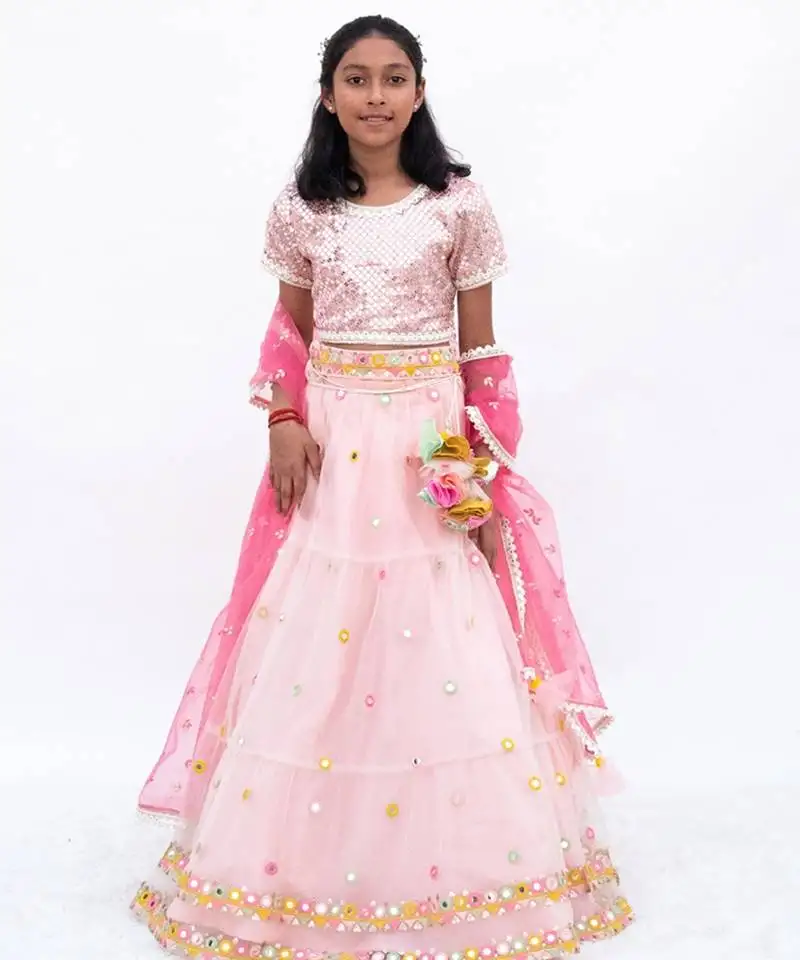 Pink net embroidered lehenga for girls