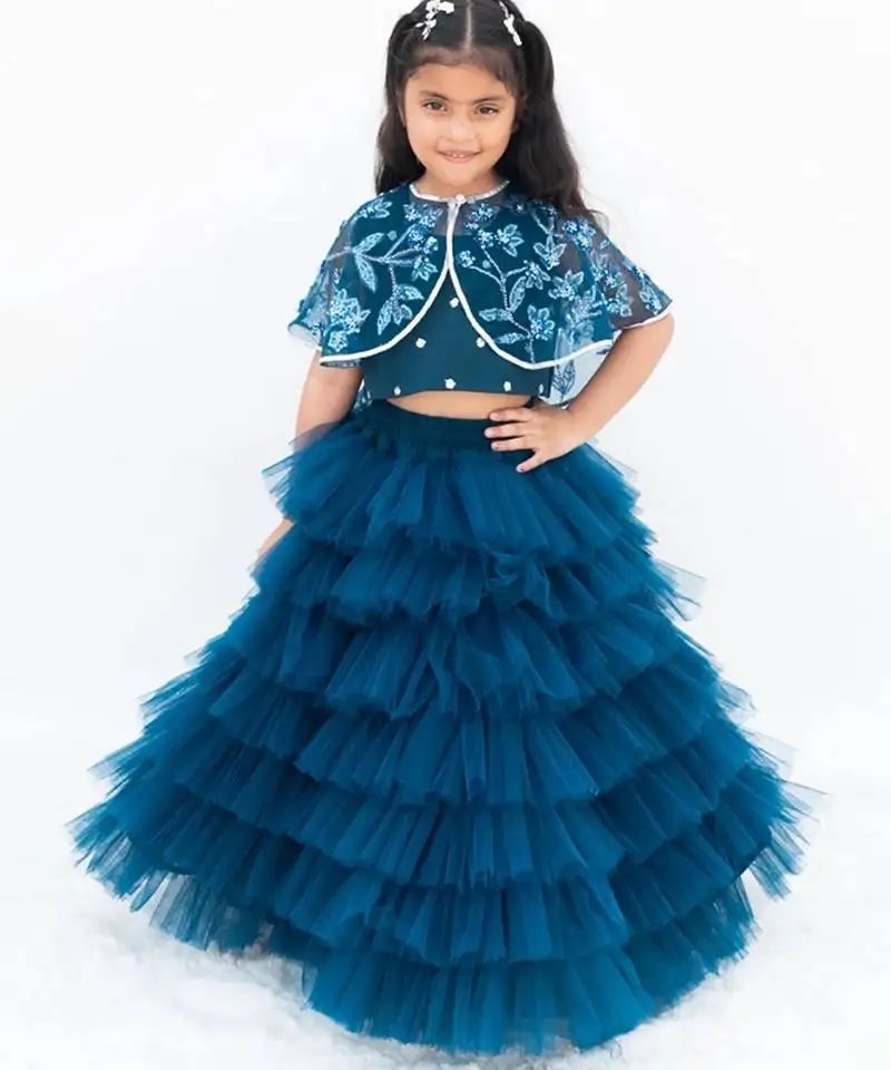 Teal blue net plain lehenga for girls