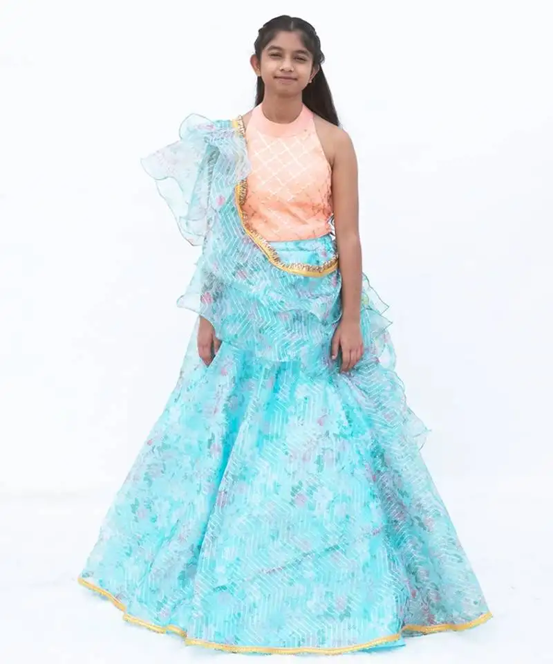 Blue organza printed lehenga for girls