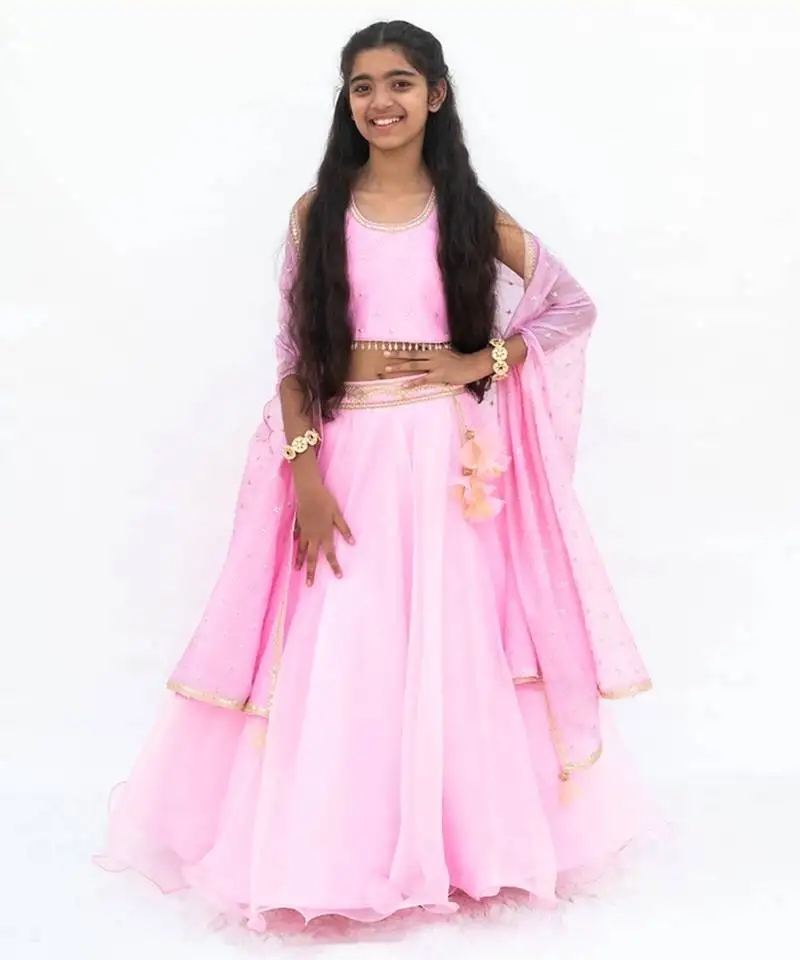 Pink organza plain lehenga for girls