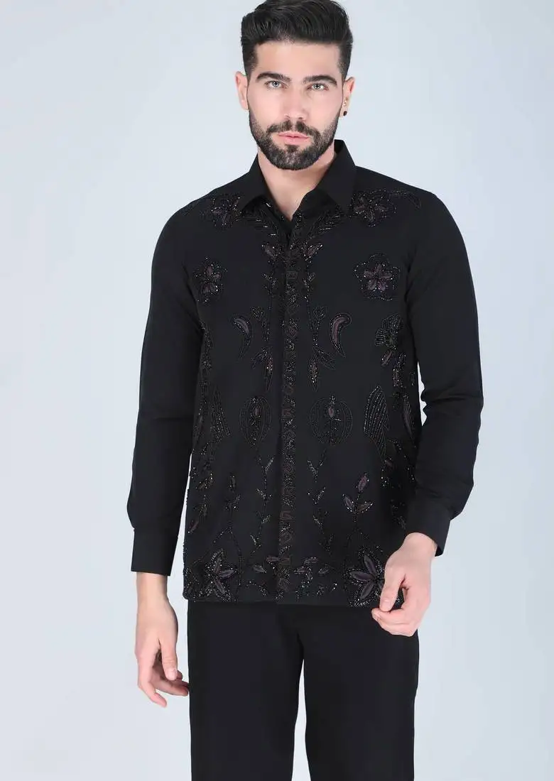 Black zardosi embroidered long sleeve shirt for men