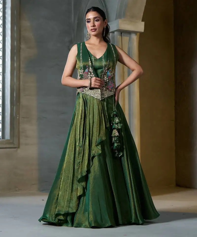 Green viscose tissue embroidered stitched lehenga choli with duptta