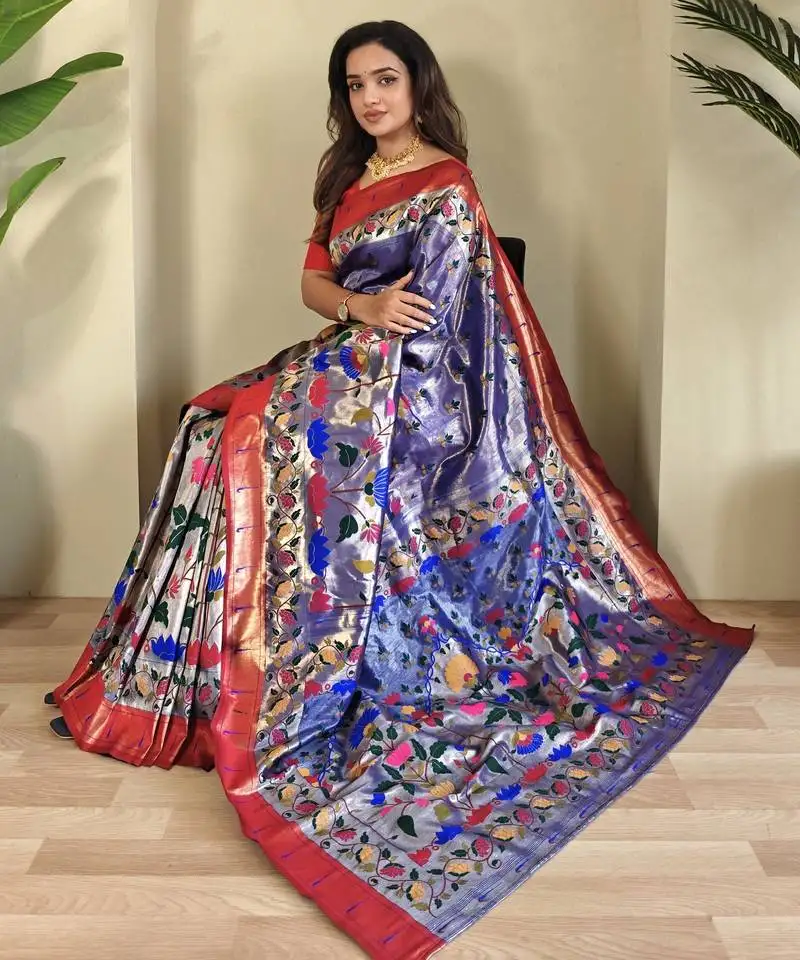 Royal blue paithani silk saree with rich contrast weaving pallu and border & blouse