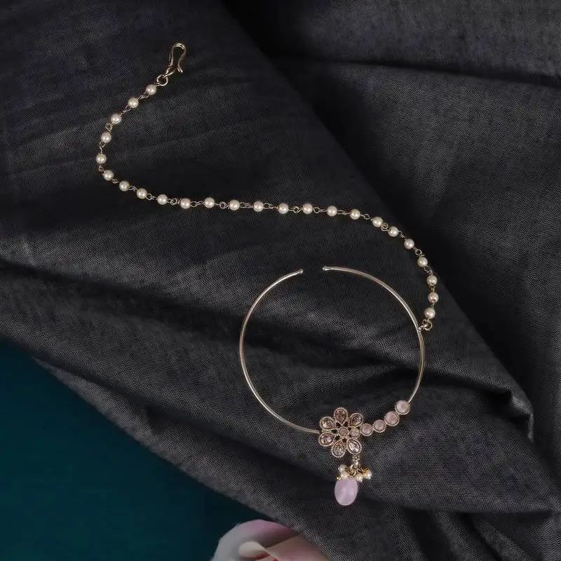 Traditional flower design crystal gold plated nose ring with chain(nathiya)