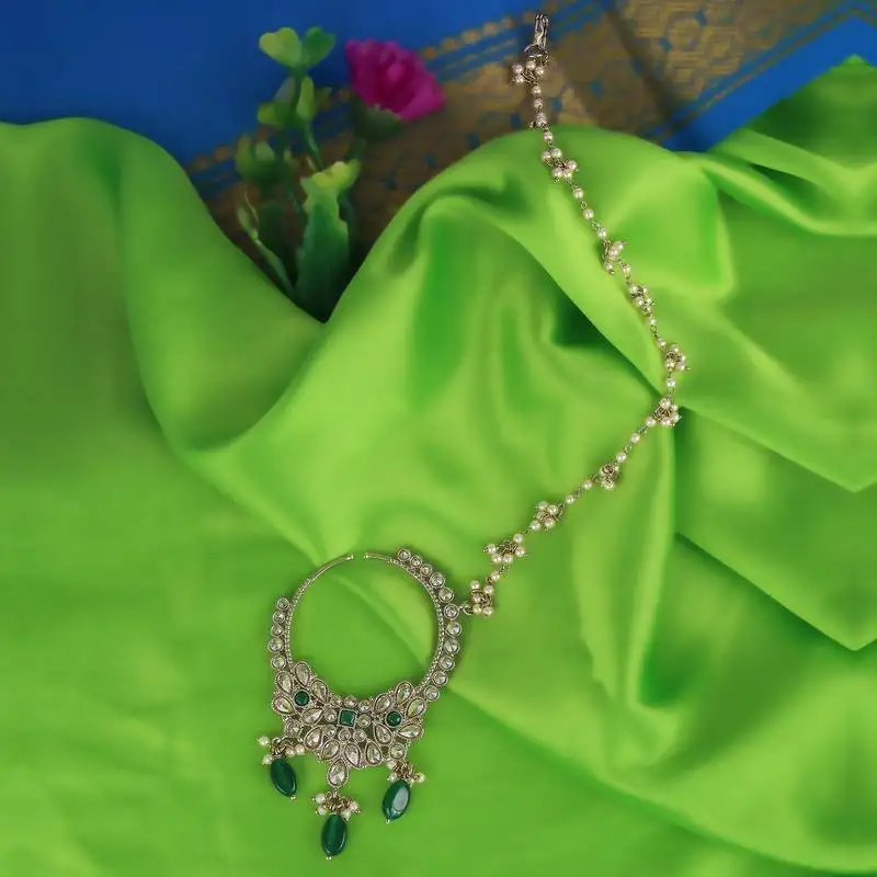 Traditional leaf shape crystal gold plated nose ring with chain(nathiya)