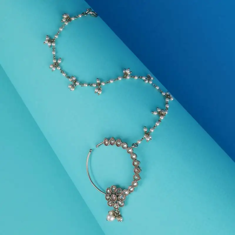 Traditional flower and oval crystal gold plated nose ring with chain(nathiya)