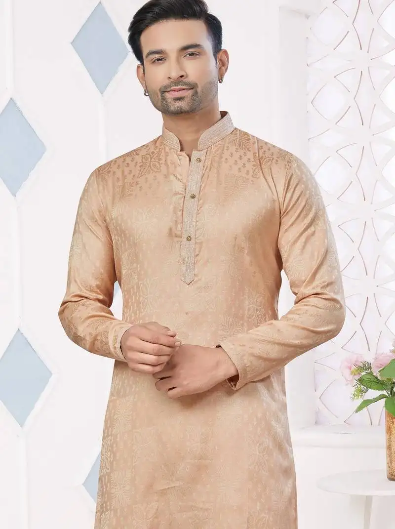Light brown jecquard with pintex work kurta pyjama for mens wear