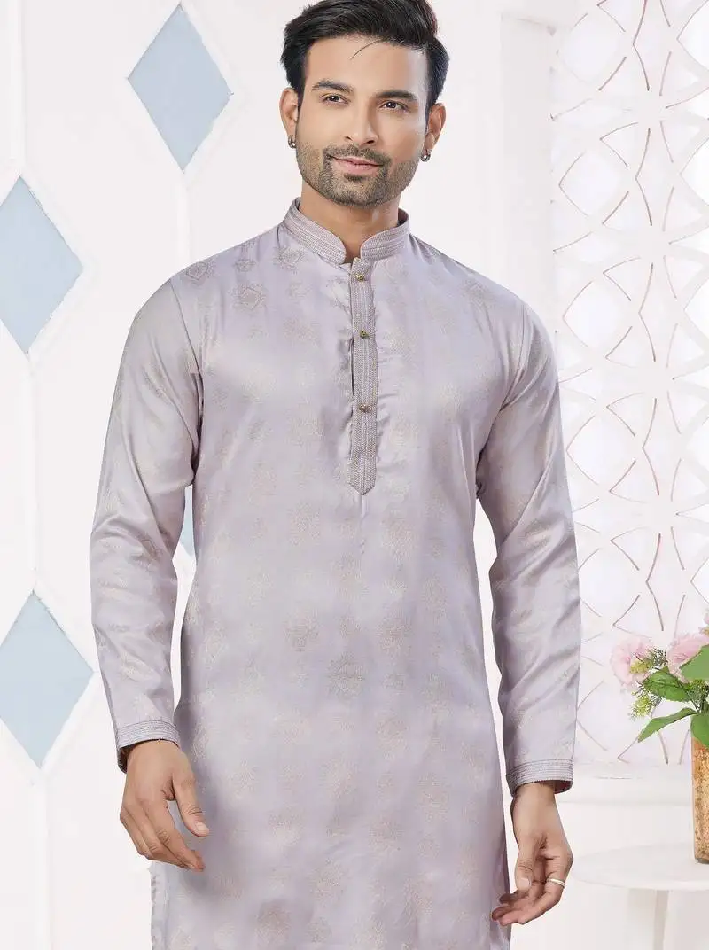 Purple jecquard with pintex work kurta pyjama for mens wear