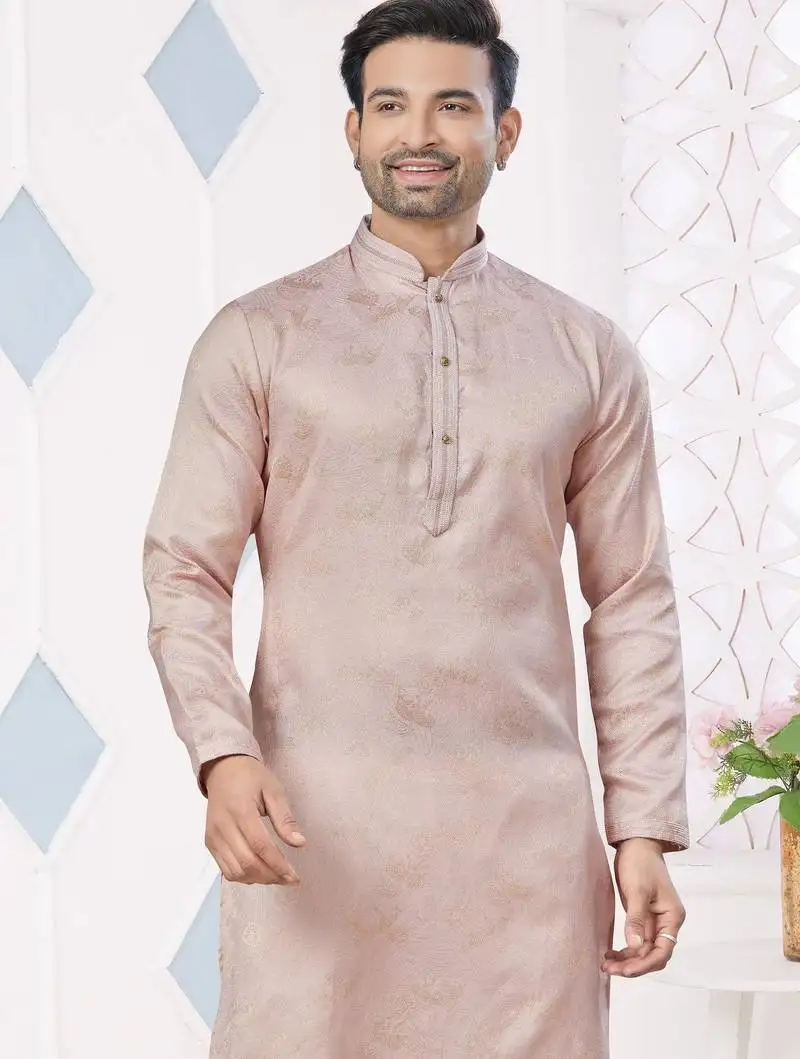 Light peach jecquard with pintex work kurta pyjama for mens wear