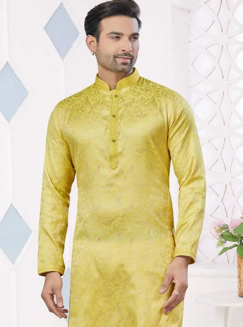 Yellow jecquard with pintex work kurta pyjama for mens wear