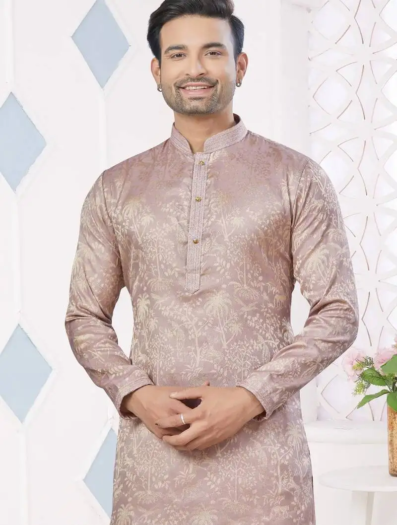 Brown jecquard with pintex work kurta pyjama for mens wear